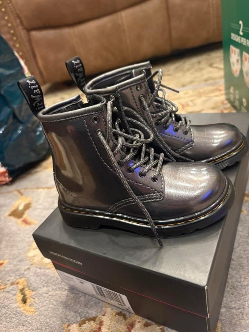 Dr. Martens Kids Shiny Metallic Gray Lace-Up Ankle Boots